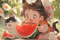 小猫吃瓜头像动漫,动漫头像中的夏日风情